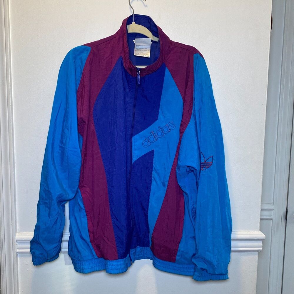 Vintage 90s Adidas Trefoil Windbreaker Jacket Colorblock Blue Purple Y2K Track L